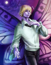 Rule 34 | 1boy, akakokko (niro azarashi), antennae, blonde hair, butterfly wings, collared shirt, colored skin, cowboy shot, frills, half-closed eyes, hand on own chest, hunter x hunter, insect wings, male focus, moon, night, pink eyes, purple skin, shaiapouf, shirt, sky, solo, wings