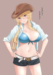 Rule 34 | 1girl, alternate costume, bell, bikini, blonde hair, blue bikini, blue eyes, blue shirt, breasts, brown background, collarbone, cowboy hat, cowboy shot, hands on own hips, hat, highres, iowa (kancolle), jouzaburou (joe3), kantai collection, large breasts, long hair, looking at viewer, navel, open clothes, open shirt, shirt, shorts, sleeves rolled up, solo, star-shaped pupils, star (symbol), swimsuit, symbol-shaped pupils