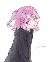 Rule 34 | 1girl, :3, arms at sides, black hoodie, blush, commentary, dated, doki doki literature club, from side, hair ornament, hairclip, highres, hood, hood down, hoodie, leaning forward, leguma, long sleeves, looking at viewer, looking to the side, lvxsiguma, natsuki (doki doki literature club), parted lips, pink eyes, pink hair, short hair, signature, simple background, smile, solo, twitter username, two side up, upper body, white background