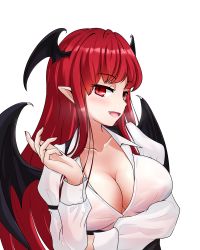 Rule 34 | 1girl, bat wings, breasts, cleavage, demon wings, fang, head wings, highres, koakuma, large breasts, long hair, open mouth, pointy ears, red hair, simple background, solo, touhou, welchsbinn, white background, wings