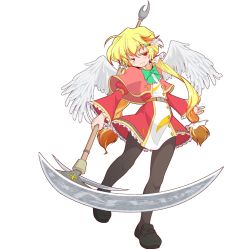 Rule 34 | 1girl, angel, angel wings, bad id, bad pixiv id, black pantyhose, blonde hair, full body, hair ornament, hairclip, kanenoya, long hair, low-tied long hair, mystical power plant, original, pantyhose, red eyes, saraka sant&#039;angelo, scythe, shawl, shoes, skirt, smile, solo, touhou, transparent background, twintails, white background, wings
