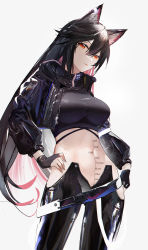 Rule 34 | 1girl, absurdres, ambience synesthesia, animal ears, arknights, black gloves, black hair, black jacket, black pants, black shirt, body writing, breasts, commission, cowboy shot, cropped jacket, cropped shirt, dick-o-meter, female focus, fingerless gloves, gloves, hair between eyes, hand on own hip, highres, jacket, large breasts, long hair, looking at viewer, measuring, midriff, navel, no panties, omone hokoma agm, open clothes, open jacket, orange eyes, pants, parted lips, penis measuring, second-party source, shirt, solo, standing, stomach, texas (arknights), very long hair, wolf ears, wolf girl