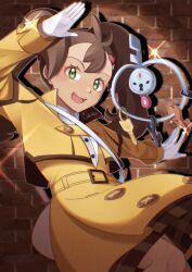 Rule 34 | 1girl, :d, arm up, blurry, blurry background, blush, brick wall, brown hair, brown skirt, buttons, collared shirt, commentary request, creatures (company), eyelashes, game freak, gen 6 pokemon, gloves, green eyes, highres, jacket, klefki, mocacoffee 1001, nintendo, official alternate costume, open mouth, pokemon, pokemon (creature), pokemon masters ex, shauna (pokemon), shauna (special costume) (pokemon), shirt, signature, skirt, smile, teeth, tongue, twintails, upper teeth only, white gloves, white shirt, yellow jacket