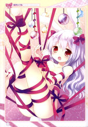 Rule 34 | 1girl, absurdres, animal ears, barefoot, bound, breasts, cleavage, collarbone, hanging, highres, long hair, looking at viewer, medium breasts, naked ribbon, open mouth, original, rabbit ears, rabbit tail, red eyes, red ribbon, restrained, ribbon, sakurazawa izumi, scan, silver hair, solo, tail, tied up, underboob, wrapped up