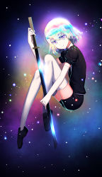 Rule 34 | 1other, absurdres, black footwear, black shirt, black shorts, bob cut, closed mouth, commentary request, diamond (gemstone), diamond (houseki no kuni), elbow gloves, full body, gloves, highres, holding, holding sword, holding weapon, houseki no kuni, legs up, light particles, looking at viewer, multicolored background, multicolored eyes, multicolored hair, other focus, puffy short sleeves, puffy sleeves, shirt, short sleeves, shorts, smile, solo, sumomo (sunrainday), sword, thighhighs, weapon, white gloves, white thighhighs