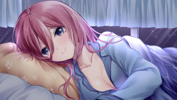 Rule 34 | 1girl, bed sheet, blanket, blush, breasts, cleavage, closed mouth, collarbone, curtains, go-toubun no hanayome, gou lianlian dogface, hair between eyes, highres, indoors, long hair, long sleeves, lying, medium breasts, nakano miku, night, night sky, on bed, on side, pajamas, partially unbuttoned, pillow, purple hair, sky, smile, solo, under covers, upper body