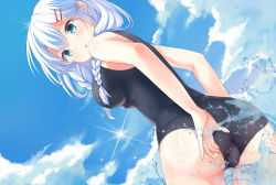 Rule 34 | 1girl, adjusting clothes, adjusting swimsuit, ass, blue eyes, blue hair, braid, breasts, cloud, day, from behind, girlfriend (kari), hair ornament, hairclip, long hair, looking back, matching hair/eyes, medium breasts, murakami fumio, one-piece swimsuit, open mouth, roumu, school swimsuit, sky, solo, sun, swimsuit, trefoil, twin braids, twintails, water