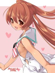 Rule 34 | 1girl, brown eyes, brown hair, commentary request, cowboy shot, dark-skinned female, dark skin, dated, dress, fang, heart, highres, kantai collection, libeccio (kancolle), long hair, looking at viewer, neckerchief, no bra, one-hour drawing challenge, open mouth, pink background, sailor dress, smile, solo, striped neckerchief, striped neckwear, takase muh, tan, twintails, twitter username, two-tone background, white dress