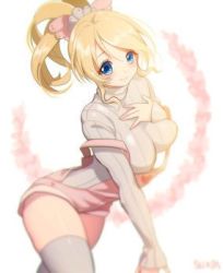 Rule 34 | 1girl, ayase eli, blonde hair, blue eyes, blush, female focus, long hair, love live!, love live! school idol project, lowres, ponytail, smile, solo, sukja, sweater, thighhighs