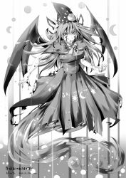 Rule 34 | 1girl, blood, breasts, capelet, crescent, crescent moon, dress, female focus, full moon, ghost, ghost tail, greyscale, hat, highres, long hair, mima (touhou), monochrome, moon, moon phases, nyuu (manekin-eko), ribbon, solo, star (symbol), sun symbol, touhou, touhou (pc-98), translation request, wings, wizard hat