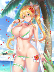 Rule 34 | 1girl, :p, bare shoulders, beach, beach umbrella, bikini, bikini tug, blonde hair, blue sky, blush, braid, breasts, choker, cleavage, cloud, covered erect nipples, cowboy shot, day, fairy, flower, food, frilled bikini, frills, green eyes, grey bikini, groin, hair between eyes, hair flower, hair ornament, head tilt, hibiscus, highres, holding, holding food, ice cream, ice cream cone, kawase seiki, large breasts, leafa, long ears, long hair, looking at viewer, nail polish, navel, ocean, open mouth, outdoors, palm tree, petals, plant, pointy ears, ponytail, purple nails, shiny skin, sidelocks, skindentation, sky, smile, solo, stomach, sweat, swimsuit, sword art online, thigh strap, tongue, tongue out, tree, twin braids, umbrella, very long hair, wings