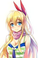 Rule 34 | 10s, 1girl, aged up, bad id, bad pixiv id, blonde hair, blue eyes, blush, bow, breasts, cleavage, hair ribbon, half updo, kirisaki chitoge, long hair, looking at viewer, nisekoi, ribbon, scarf, shirt, smile, solo, spaghetti strap, star (symbol), striped clothes, striped shirt, tonee, upper body, white background