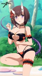 Rule 34 | 1girl, absurdres, bare shoulders, beach, blush, breasts, brown hair, collar, eriko (princess connect!), highres, horns, indexryo, large breasts, princess connect!, short hair, tagme, tail
