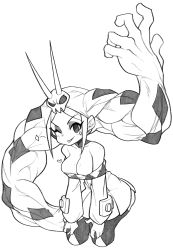 Rule 34 | 1girl, absurdres, breasts, cerebella (skullgirls), cleavage, cowboy shot, detached collar, eyeshadow, greyscale, highres, large breasts, leaning forward, lineart, makeup, monochrome, one eye closed, sidelocks, skirt, skullgirls, smile, solo, tongue, tongue out, vice-versa (skullgirls), waa153, wink