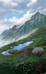 Rule 34 | cloud, day, flower, fog, grass, landscape, leaf, mountain, no humans, original, pond, scenery, sky, spitart