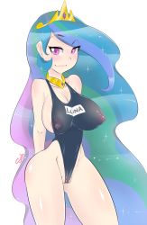 Rule 34 | 1girl, artist request, breasts, celestia (my little pony), crown, female focus, highres, large breasts, looking at viewer, my little pony, my little pony: friendship is magic, pink eyes, simple background, smile, solo, standing, swimsuit, white background