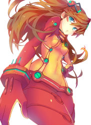 Rule 34 | 1girl, azuking, blue eyes, bodysuit, collaboration, colorized, foreshortening, from below, hair ornament, highres, multicolored clothes, neon genesis evangelion, open mouth, orange hair, plugsuit, rebuild of evangelion, skin tight, solo, souryuu asuka langley, test plugsuit, white background