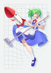 Rule 34 | 1girl, absurdres, apron, blue dress, blue footwear, character name, closed eyes, copyright name, dress, frilled sleeves, frills, full body, green hair, guumin, highres, holding, holding mop, maid, maid apron, maid headdress, mimi-chan, mop, open mouth, phantasmagoria of dim.dream, puffy short sleeves, puffy sleeves, ruukoto, shoes, short hair, short sleeves, smile, socks, solo, touhou, touhou (pc-98), white apron, white socks
