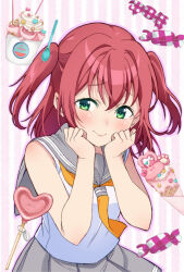 Rule 34 | 1girl, candy, clenched hands, commentary, commentary request, food, furrowed brow, green eyes, grey sailor collar, grey skirt, hair between eyes, hands on own chin, hands up, highres, ice cream, ice cream cup, ice cream spoon, kurosawa ruby, lollipop, looking at viewer, love live!, love live! sunshine!!, neckerchief, pleated skirt, red hair, sailor collar, school uniform, sidelocks, skirt, solo, spoon, striped background, summer uniform, upper body, uranohoshi school uniform, yamada taishi, yellow neckerchief