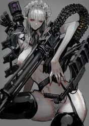 Rule 34 | 1girl, albino, ammunition belt, ammunition chute, belt, black thighhighs, blunt bangs, breasts, closed mouth, female pubic hair, frilled hairband, frills, garter straps, grey background, gun, hairband, highres, huge weapon, jittsu, large breasts, long hair, looking to the side, mechanical parts, navel, neck ribbon, nipples, nude, original, pointy ears, pubic hair, red eyes, red nails, ribbon, simple background, solo, thighhighs, weapon, white hair, white headdress