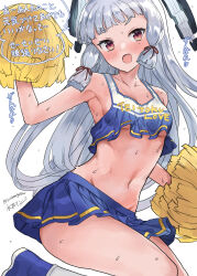 Rule 34 | 1girl, artist name, blue skirt, breasts, brown eyes, cheerleader, clothes writing, crop top, crop top overhang, floating headgear, grey hair, hair ribbon, headgear, highres, holding, holding pom poms, kantai collection, long hair, midriff, mizuta kenji, murakumo (kancolle), navel, one-hour drawing challenge, open mouth, pleated skirt, pom pom (cheerleading), pom poms, ribbon, shirt, sidelocks, simple background, skirt, sleeveless, sleeveless shirt, solo, sweat, tress ribbon, twitter username, underboob, very sweaty, white background