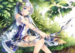 Rule 34 | 1girl, arrow (projectile), bare shoulders, blue eyes, blue hair, bow (weapon), breasts, cleavage, diana (sid story), dress, water drop, frills, hair ornament, leaf, long hair, looking at viewer, matching hair/eyes, outdoors, ponytail, quiver, rain, sid story, sitting, sliverbin, solo, very long hair, water drop, weapon