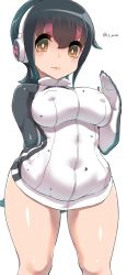 Rule 34 | 10s, 1girl, arm behind back, black hair, brown eyes, commentary request, covered erect nipples, covered navel, cowboy shot, haku hakujou daimaou, headphones, highres, humboldt penguin (kemono friends), jacket, kemono friends, looking at viewer, multicolored hair, no pants, pink hair, shiny skin, signature, simple background, solo, turtleneck, wide hips, zipper