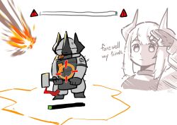 Rule 34 | 1girl, arknights, chibi, commentary, crossed bandaids, english commentary, english text, explosive, gameplay mechanics, gloves, hammer, health bar, herecave, highres, horns, looking at viewer, mask, mudrock (arknights), multiple views, salute, sign, simple background, warning sign, white background