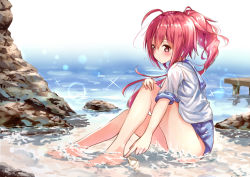 Rule 34 | 10s, 1girl, ahoge, bare legs, barefoot, beach, blush, closed mouth, from side, full body, ging1993, i-168 (kancolle), kantai collection, long hair, outdoors, ponytail, red eyes, red hair, school swimsuit, school uniform, serafuku, shell, shirt, short sleeves, sitting, solo, swimsuit, swimsuit under clothes, wet, wet clothes, wet shirt