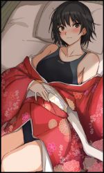 Rule 34 | 1girl, amagami, bad id, bad twitter id, bed, black eyes, black hair, black one-piece swimsuit, bob cut, competition swimsuit, cowboy shot, floral print, japanese clothes, kimono, looking at viewer, lying, mobu, nanasaki ai, one-piece swimsuit, pillow, print kimono, red kimono, short hair, solo, swimsuit, swimsuit under clothes