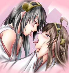 Rule 34 | 10s, 2girls, ahoge, black hair, blue eyes, blush, brown eyes, brown hair, hands on another&#039;s face, haruna (kancolle), headgear, ishii hisao, kantai collection, kongou (kancolle), looking at another, multiple girls, nontraditional miko, saliva, saliva trail, tongue, tongue out, yuri