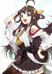 Rule 34 | 10s, 1girl, ahoge, bare shoulders, blue eyes, brown hair, detached sleeves, fang, hairband, headgear, highres, japanese clothes, kantai collection, kongou (kancolle), long hair, looking at viewer, naitou ryuu, nontraditional miko, open mouth, simple background, solo, thighhighs, twitter username