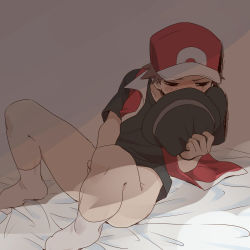 Rule 34 | 1boy, bad id, bad pixiv id, baseball cap, bed sheet, black hat, black shirt, blush, brown hair, commentary request, creatures (company), game freak, half-closed eyes, hat, holding, holding clothes, holding hat, implied masturbation, indoors, jacket, looking down, male focus, nintendo, open clothes, open jacket, pervert, pokemon, pokemon frlg, pumpkinpan, red (pokemon), red hat, red jacket, shirt, short hair, sitting, socks, solo, spiked hair, spread legs, unworn hat, unworn headwear, white socks, wristband