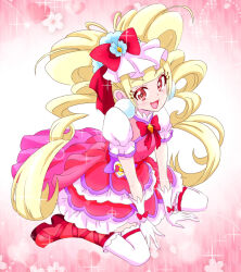 Rule 34 | 1girl, aisaki emiru, blonde hair, blunt bangs, boots, bow, bowtie, commentary, cure macherie, dress, drill hair, eyelashes, full body, gloves, hat, hat bow, heart, hugtto! precure, layered dress, long hair, magical girl, open mouth, pink background, pouch, precure, puffy short sleeves, puffy sleeves, red bow, red bowtie, red dress, red eyes, red footwear, sakuramon, short dress, short sleeves, single horizontal stripe, sitting, smile, solo, sparkle, thighhighs, twin drills, twintails, very long hair, wariza, white gloves, white hat, white thighhighs, yagasuri, zerolay