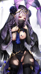 Rule 34 | 1girl, absurdres, arknights, black flower, black leotard, black rose, black thighhighs, bodystocking, bodystocking, braid, breasts, clothes lift, cowboy shot, flower, fringe trim, gluteal fold, hands on own chest, head wings, highres, jewelry, large breasts, leotard, lifting own clothes, long hair, looking at viewer, manticore (arknights), manticore (under a veil) (arknights), nipples, nopetroto, official alternate costume, petals, pointy ears, purple eyes, purple hair, pussy, rose, scorpion tail, see-through, simple background, solo, tail, thighhighs, torn bodystocking, torn clothes, twin braids, veil, very long hair, waist cape, white background, wings