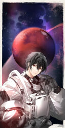 Rule 34 | 1boy, astronaut, ayn alwyn, black gloves, black hair, border, closed mouth, gloves, hair between eyes, hand up, helmet, highres, holding, holding helmet, jiuchuansi, looking at viewer, lovebrush chronicles, male focus, mars (planet), official art, outside border, red eyes, short hair, smile, solo, space, space helmet, spacesuit, unworn headwear, unworn helmet, upper body, weibo logo, weibo watermark, white border