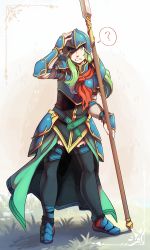 Rule 34 | 1girl, ?, absurdres, arm up, armor, black thighhighs, blue armor, blue hat, breastplate, bright pupils, cape, dress, faulds, female focus, fire emblem, frogbians, full body, grass, greaves, green cape, green eyes, green hair, hand up, hat, helmet, highres, long hair, long sleeves, looking at viewer, matching hair/eyes, neckerchief, nephenee, nintendo, outdoors, pauldrons, polearm, red footwear, red neckerchief, shoes, short dress, shoulder armor, simple background, solo, spear, standing, sweat, teeth, thighhighs, vambraces, weapon, white background, wide-eyed, zettai ryouiki