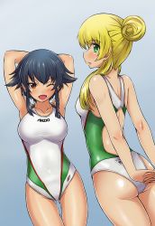 Rule 34 | 10s, 2girls, arms behind back, arms up, ass, black hair, blonde hair, braid, brand name imitation, breasts, carpaccio (girls und panzer), competition swimsuit, girls und panzer, green eyes, own hands clasped, large breasts, looking at viewer, looking away, multiple girls, one-piece swimsuit, one eye closed, open mouth, own hands together, pepperoni (girls und panzer), red eyes, side braid, small breasts, solokov (okb-999), swimsuit