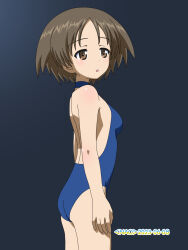 Rule 34 | 1girl, ass, blue background, blue one-piece swimsuit, blush, breasts, brown eyes, brown hair, dated, girls und panzer, highres, maruyama saki, naotosi, one-piece swimsuit, open mouth, shiny skin, short hair, signature, simple background, small breasts, solo, swimsuit