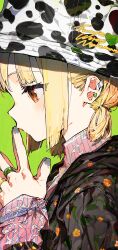 Rule 34 | 1girl, animal print, black jacket, blonde hair, brown eyes, closed mouth, collared shirt, commentary request, cow print, floral print, green background, grey nails, hands up, hat, highres, jacket, long sleeves, mika pikazo, nail polish, original, pink shirt, print headwear, print jacket, profile, shirt, simple background, solo, steepled fingers, white hat