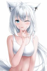Rule 34 | 1girl, ;), absurdres, animal ear fluff, animal ears, breasts, fox ears, fox girl, highres, hololive, long hair, looking at viewer, medium breasts, navel, one eye closed, parted lips, shira jun, shirakami fubuki, simple background, smile, solo, upper body, virtual youtuber, white background, white hair