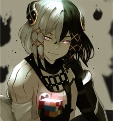 Rule 34 | 1girl, absurdres, artist name, black background, black gloves, black hair, breasts, brown background, closed mouth, esper-fia esupa, gloves, hair between eyes, hair ornament, heterochromia, highres, holding, looking at viewer, multicolored hair, overlord (maruyama), rubik&#039;s cube, smile, solo, sweater, two-tone hair, white eyes, white hair, white sweater, x hair ornament, antilene heran fouche