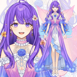 Rule 34 | 1girl, :d, bare shoulders, blue flower, blue hair, blue rose, breasts, brown flower, character name, cleavage, commentary request, dress, flower, frilled dress, frills, gradient hair, hair flower, hair ornament, highres, iriam, karokuchitose, long hair, medium breasts, multicolored hair, official art, open mouth, pointy ears, purple dress, purple eyes, purple hair, red wings, rose, shoes, smile, standing, transparent wings, very long hair, virtual youtuber, white footwear, wings, wrist cuffs, zoom layer