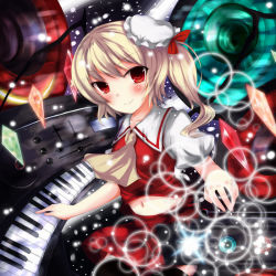 Rule 34 | 1girl, blush, female focus, flandre scarlet, instrument, keyboard (instrument), moccy, navel, red eyes, sitting, solo, touhou
