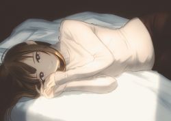 Rule 34 | 1girl, bed sheet, brown eyes, brown hair, closed mouth, commentary request, cowboy shot, deg (deguana), highres, idolmaster, idolmaster cinderella girls, light, long hair, long sleeves, looking at viewer, lying, mizumoto yukari, on bed, on side, own hands together, pants, sleeves past wrists, smile, solo, sweater, turtleneck, turtleneck sweater