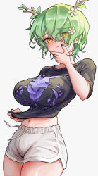 1girl absurdres alternate_hairstyle antlers black_nails blush branch breasts casual ceres_fauna ceres_fauna_(goth) closed_mouth clothes_lift cowboy_shot curvy dolphin_shorts flower green_hair hair_between_eyes hair_flower hair_ornament hair_over_one_eye hand_on_own_chin highres hololive hololive_english horns large_breasts leaning_back maomao_dashi midriff navel pout shirt shirt_lift short_shorts short_sleeves shorts simple_background solo taut_clothes taut_shirt thick_thighs thighs tree_horns virtual_youtuber white_background white_shorts yellow_eyes
