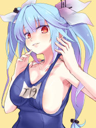 Rule 34 | 10s, 1girl, blue hair, breasts, hair ribbon, heart, heart-shaped pupils, i-19 (kancolle), kantai collection, large breasts, long hair, looking at viewer, name tag, one-piece swimsuit, red eyes, ribbon, school swimsuit, sideboob, simple background, solo, strap lift, swimsuit, symbol-shaped pupils, twintails, yellow background, yude