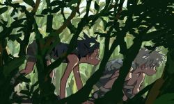 Rule 34 | 2boys, black hair, crawling, from side, gon freecss, highres, hunter x hunter, killua zoldyck, looking ahead, male focus, mito tomiko, multiple boys, nature, outdoors, plant, shorts, sleeveless, spiked hair, squatting, white hair