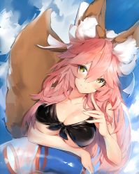 Rule 34 | 1girl, animal ear fluff, animal ears, arm rest, bikini, black bikini, blue sky, blush, breasts, brown eyes, cleavage, closed mouth, cloud, cloudy sky, collarbone, commentary request, day, fate/grand order, fate (series), fingernails, fox ears, fox girl, fox tail, front-tie bikini top, front-tie top, hair between eyes, hand up, head tilt, highres, innertube, large breasts, long hair, looking at viewer, outdoors, pink hair, silver (chenwen), sky, smile, solo, swim ring, swimsuit, tail, tail raised, tamamo (fate), tamamo no mae (fate/extra), transparent, very long hair