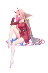 Rule 34 | 10s, 1girl, absurdres, aoba aratame ni, darling in the franxx, full body, green eyes, highres, horns, jacket, jacket on shoulders, long hair, looking at viewer, military, military jacket, military uniform, necktie, orange necktie, pantyhose, pink hair, red horns, simple background, sitting, solo, uniform, white background, white pantyhose, zero two (darling in the franxx)